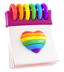 PRIDE cartoon calendar with rainbow heart isolated on transparent background for LGBTQIA+ Pride month celebration. Cut out object in 3D illustration