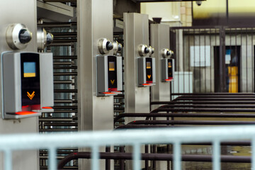 Metal insulating turnstiles with security cameras and pass reader