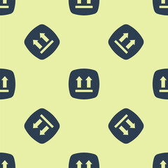 Blue This side up icon isolated seamless pattern on yellow background. Two arrows indicating top side of packaging. Cargo handled. Vector