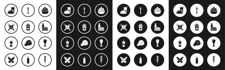Fototapeta premium Set Popcorn in bowl, cardboard box, Crossed fork, Paper glass and taco with tortilla, Bottle of water burger, Fork, Chicken leg and drinking straw icon. Vector