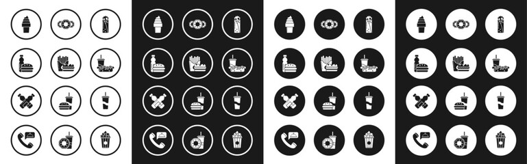 Set Doner kebab, Bottle of water burger, Ice cream waffle cone, Paper glass with drinking straw hotdog, Donut sweet glaze, and Crossed bottle icon. Vector