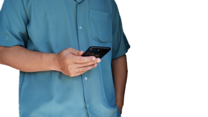 man wearing green collared shirt stand using smartphone transparent white backdrop