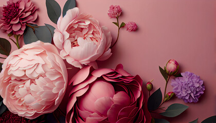 Peonies roses on pink background with huge copy space  Ai generated image