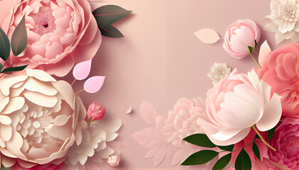 Peonies roses on pink background with huge copy space  Ai generated image