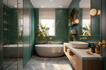 Fototapeta premium Modern minimalistic interior of the bathroom, green, white and golden colors. Super photo realistic background, generative ai illustration.