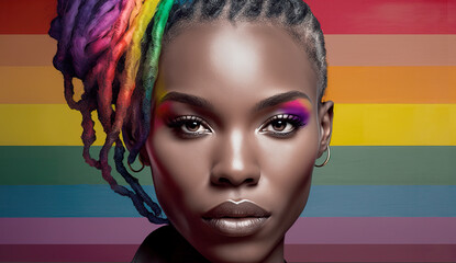 African American woman gazes proudly into the camera, her vibrant smile reflecting the strength and resilience of LGBT community, with rainbow flag waving gracefully in the background. Generative AI.