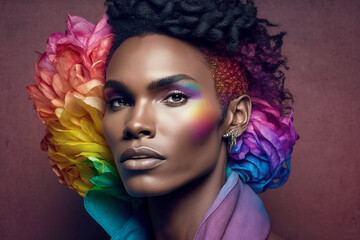 Elegant black woman radiates beauty. Her colorful adornments and vibrant hair, adorned with the rainbow hues of the LGBTQ+ community. Empowerment, diversity and self-expression. Generative AI.
