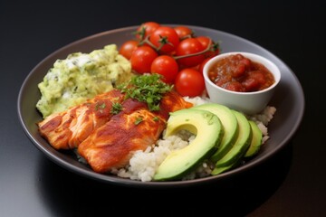 Salmon Fillet, Rice, potatoes and cheese with a side of guacomle with avocado. Generative AI