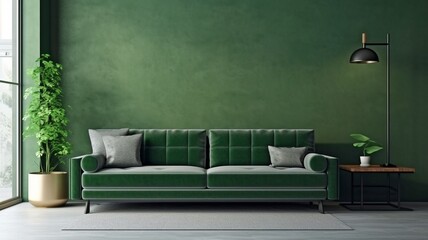 Green sofa with a wooden table and an empty wall in a Hammer apartment. GENERATE AI