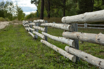 Old wooden fence made of logs against the background of a green forest landscape