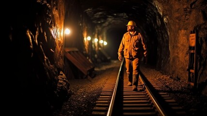 mining tunnel, lighted hard helmet on the miner. GENERATE AI