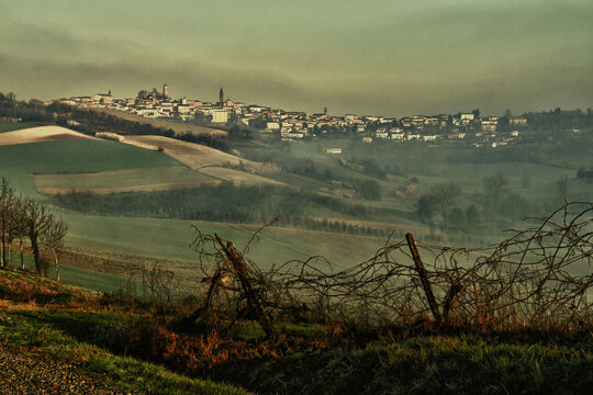 Villagescape with rolling landscape in winter, Lu e Cuccaro Monferrato, Alessandria, Piedmont, Italy