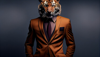 Fototapeta na wymiar Tiger head on solid color formal suit with pant. solid color background. Ai generated image