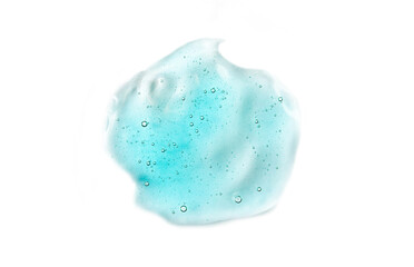 Serum-gel toner drop. Transparent liquid texture for skin care. Cosmetic product sample isolated on white background. Texture of glycerin gel. Liquid moisturizing gel with bubbles macro.
