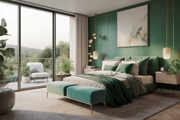 Modern minimalistic interior of the bedroom, green, white and golden colors. Super photo realistic background, generative ai illustration.