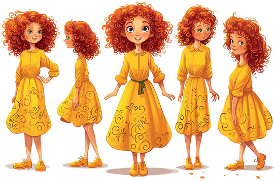 A little girl , curly red hair, wearing yellow dress, different poses, full body image, children's book style, illustration. Vector graphic