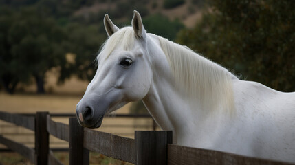 Obraz na płótnie Canvas White horse on the ranch close-up. AI generation