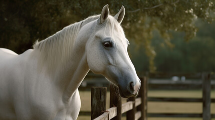 White horse on the ranch close-up. AI generation