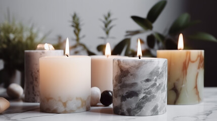 Burning white scented candles in a glass on a table with plants nearby in a minimalist style. AI generated
