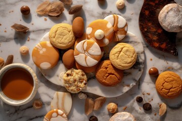 A top-down view of cookies placed on a marble countertop, with ingredients scattered around them, evoking a sense of luxury and elegance. Generative AI