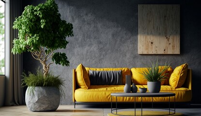 Yellow sofa and a wooden table in living room interior with plant, concrete wall. Generative AI.