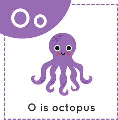 Learning English alphabet for kids. Letter O. Cute cartoon octopus.