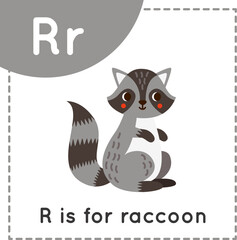 Learning English alphabet for kids. Letter R. Cute cartoon raccoon.