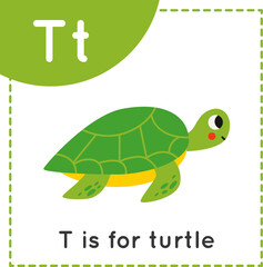 Learning English alphabet for kids. Letter T. Cute cartoon turtle.