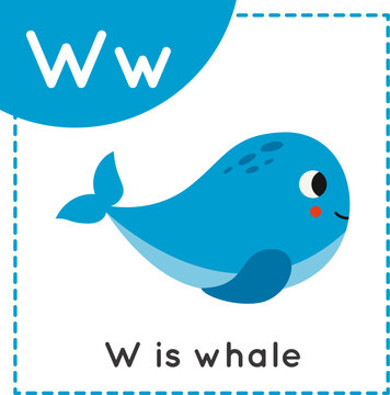 Learning English alphabet for kids. Letter W. Cute cartoon whale.