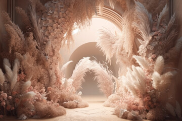 Wedding arch made of dried flowers and pampas grass. Photorealistic illustration generative AI.