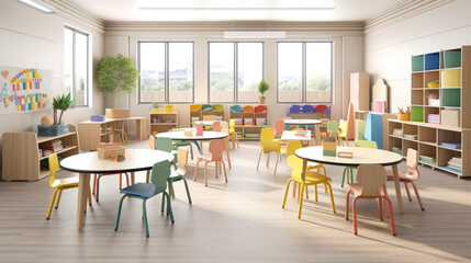 The interior of the classroom of a modern elementary school. Photorealistic illustration generative AI.