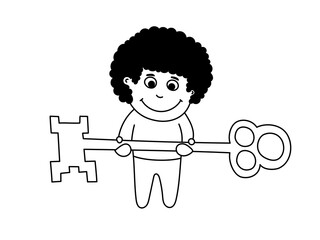 A curly-haired boy holds a big key in his hands and smiles. Single color vector cartoon doodle drawing.