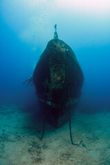 General view of a lonely shipwreck underwater