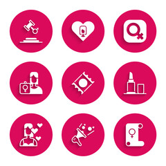 Set Condom in package, Feminist activist, Feminism, Lipstick, Love yourself, Female gender and rights icon. Vector