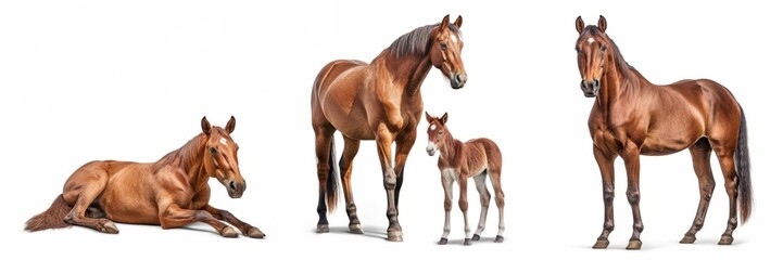 Obraz premium Wildlife horses animals banner panorama long - Collection of standing, lying running group of brown quarter horse family with young foal baby, isolated on white background, Generative Ai