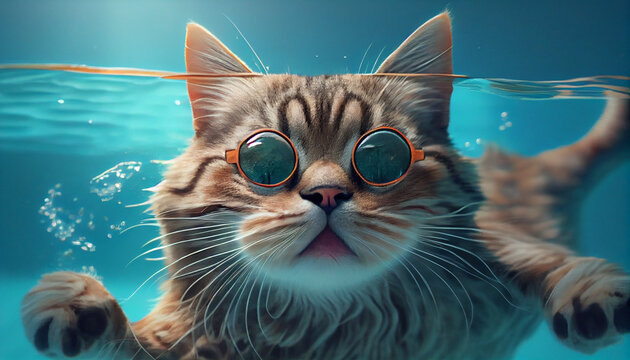 Happy cat having fun at summer holidays in a swimming pool  Ai generated image