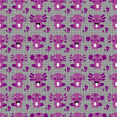 Checkered seamless pattern with axolotls and hearts. Groovy print for T-shirt, textile and fabric. Hand drawn illustration for decor and design.