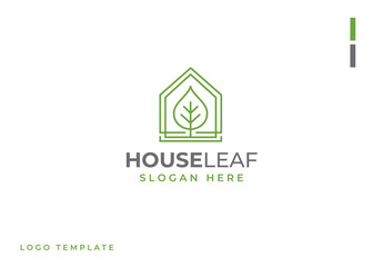Vector logo with an abstract image of a house with green leaves inside.