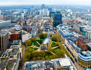 Aerial view of Birmingham, a major city in England’s West Midlands region, with multiple...