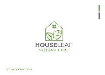 Vector logo with an abstract image of a house with green leaves inside.