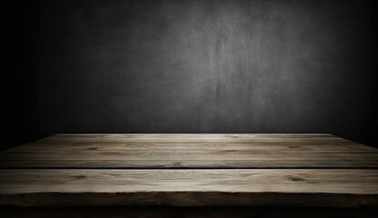 Empty wooden table top with defocused dark concrete wall background. Template for product display by ai generative