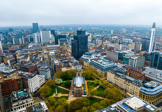 Aerial view of Birmingham, a major city in England&rsquo;s West Midlands region, with multiple Industrial Revolution-era landmarks
