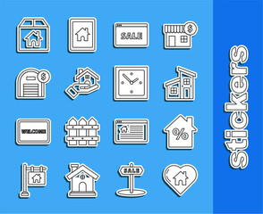 Set line House with heart shape, percant discount tag, Hanging sign text Online Sale, Realtor, Warehouse dollar symbol, Cardboard box and Clock icon. Vector