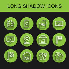 Set line Hanging sign with text Sale, Warehouse, Home symbol, Search, House, Map pointer, Rent and Cardboard box icon. Vector