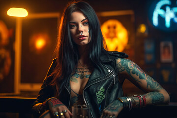 Beautiful cheerful caucasian tattoo model metalhead goth girl clubbing at hot rock concert party. Wearing biker leather jacket, crop top with decollete. Lush hair. Neon light. Halloween