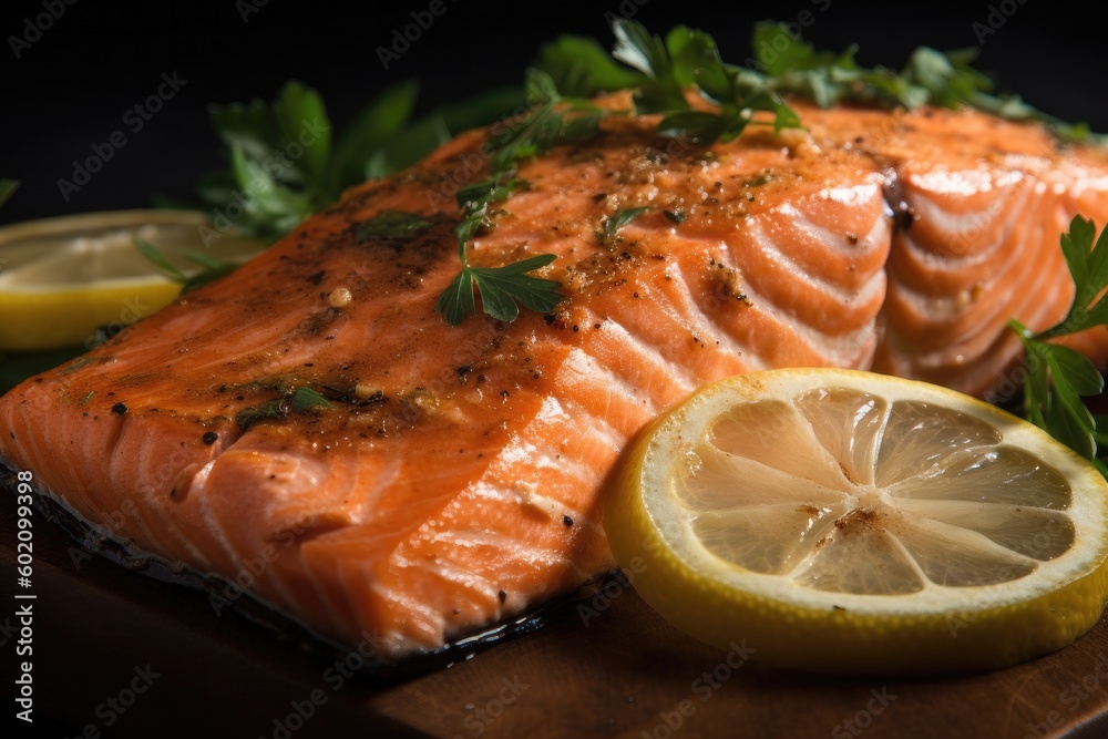 Wall mural Close-up of a perfectly cooked and seasoned grilled salmon with juicy, side of lemon wedges. Ai generative.