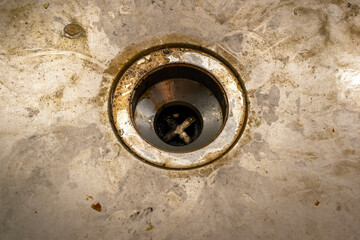 Dirty metal sink, cleaning service concept, old rusty kitchen sink