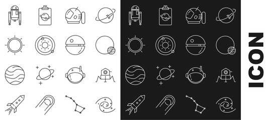 Set line Black hole, Mars rover, Planet, Astronaut helmet, Solar system, Sun, Robot and Death star icon. Vector