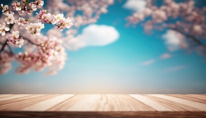 Empty wooden table over beautiful cherry blossom background. Spring and Easter mock up by ai generative