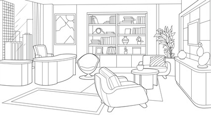 Vector illustration, cabinet interior design, coloring book.